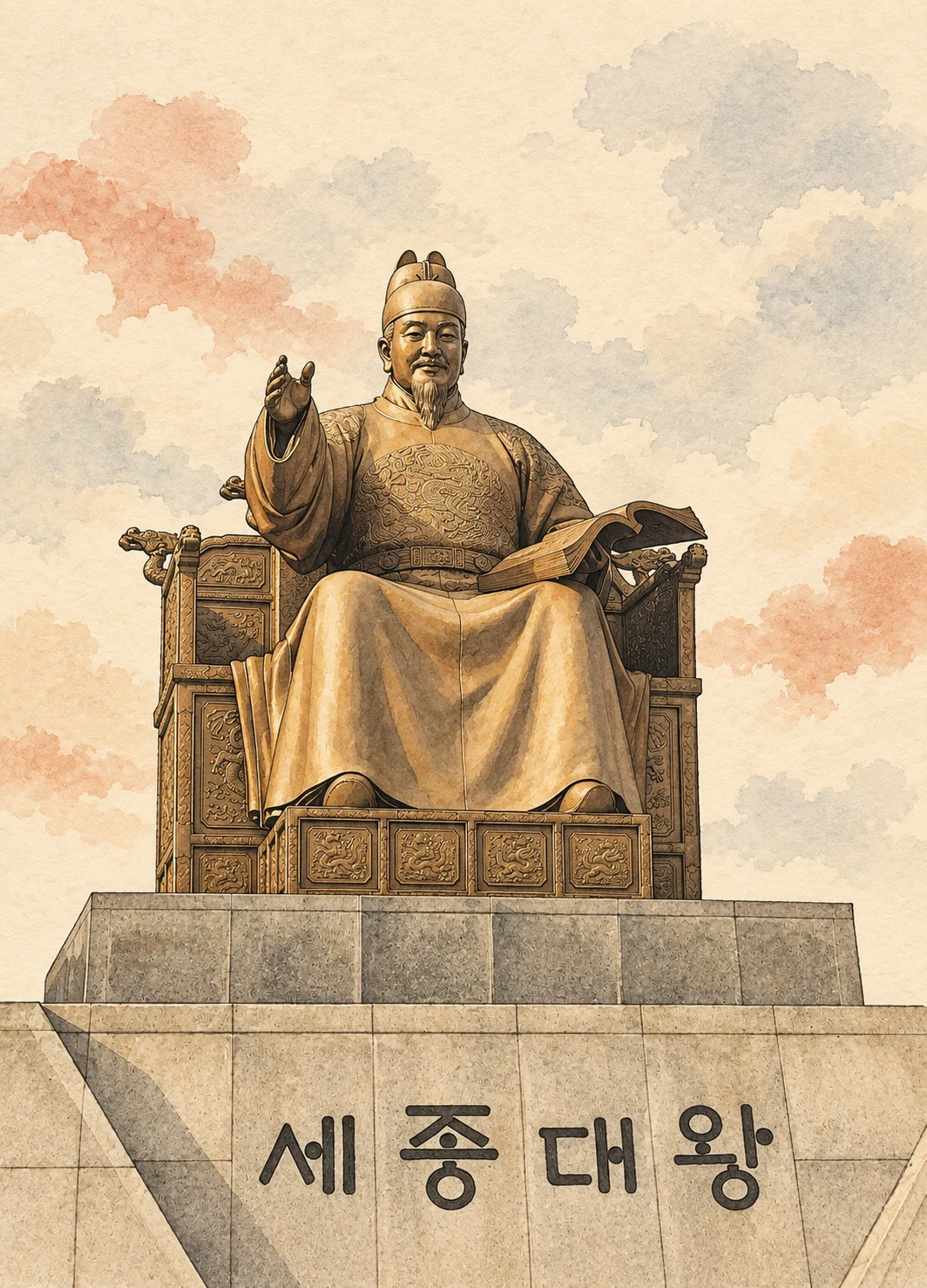 광화문광장의 책을 펼친 세종대왕 동상을 원자료 구도에 맞춰 그린 삽화