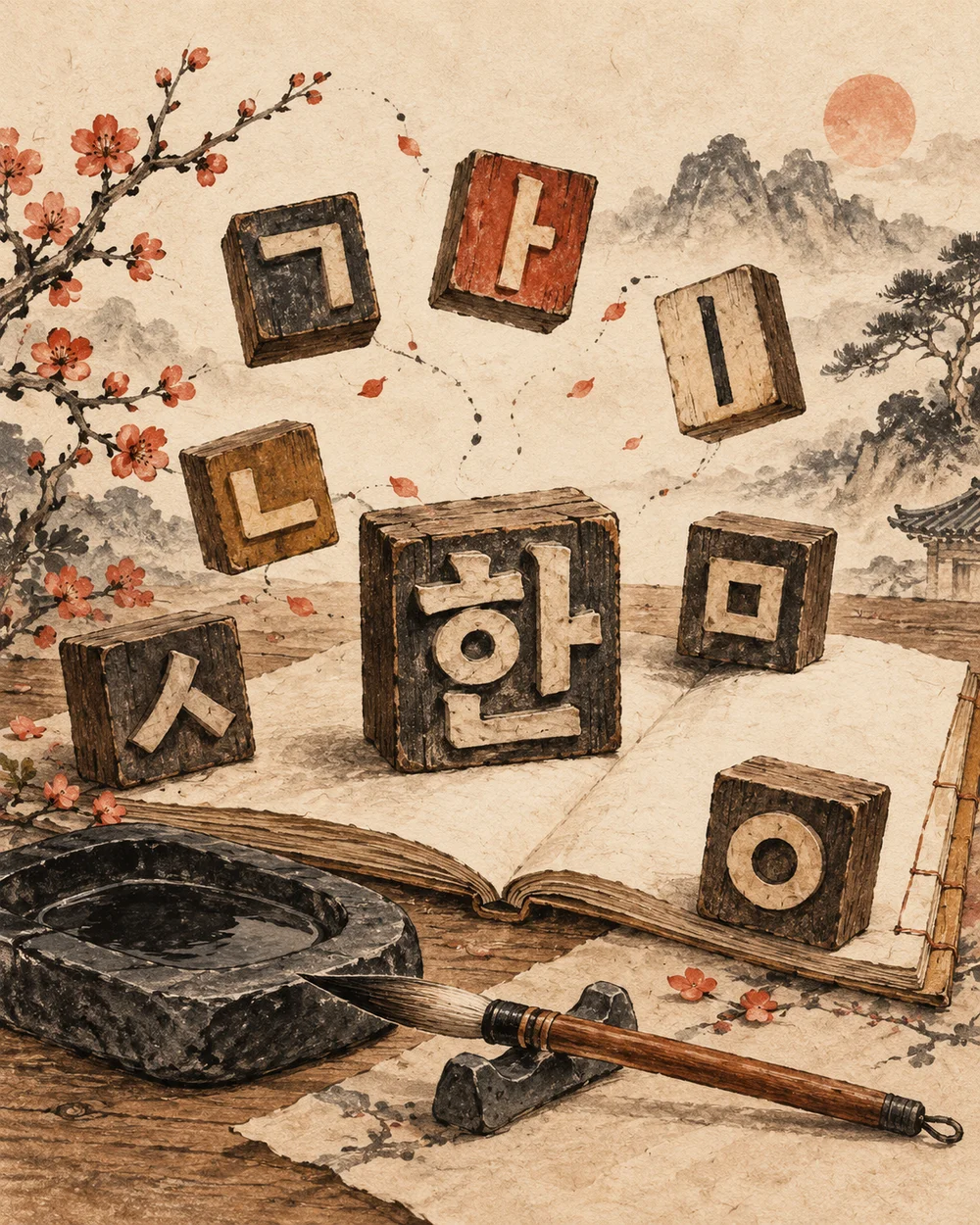 한글 자음과 모음이 한 글자로 모이는 목판 글자와 책의 삽화